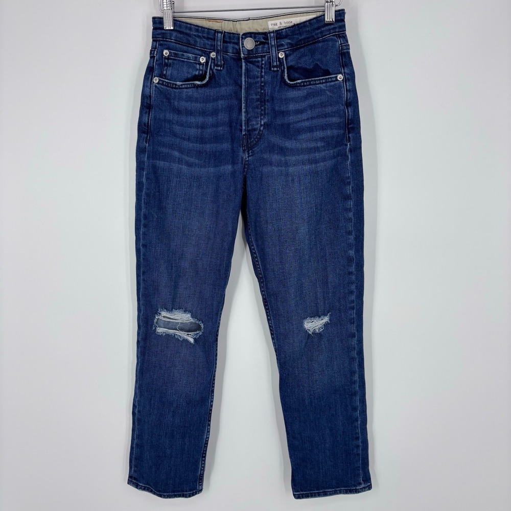 Rag & Bone Maya High-Rise Ankle Slim Jeans Women 25 Emory Holes Distressed Blue